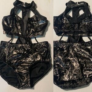 Reverence solo Custom mature faux leather black velvet dance costume leotard SA